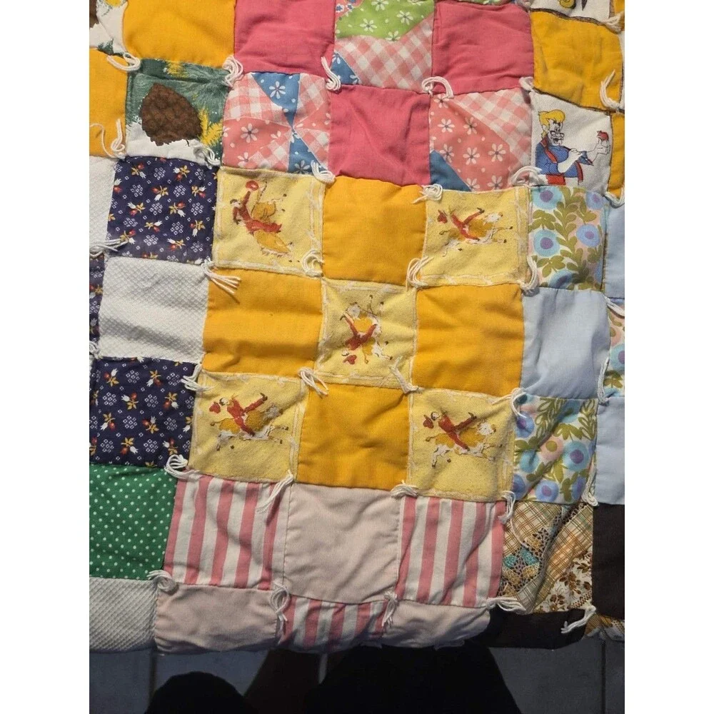 Vintage 1970’s handmade Patchwork quilt-Mod fabric squares Disney-White Backing